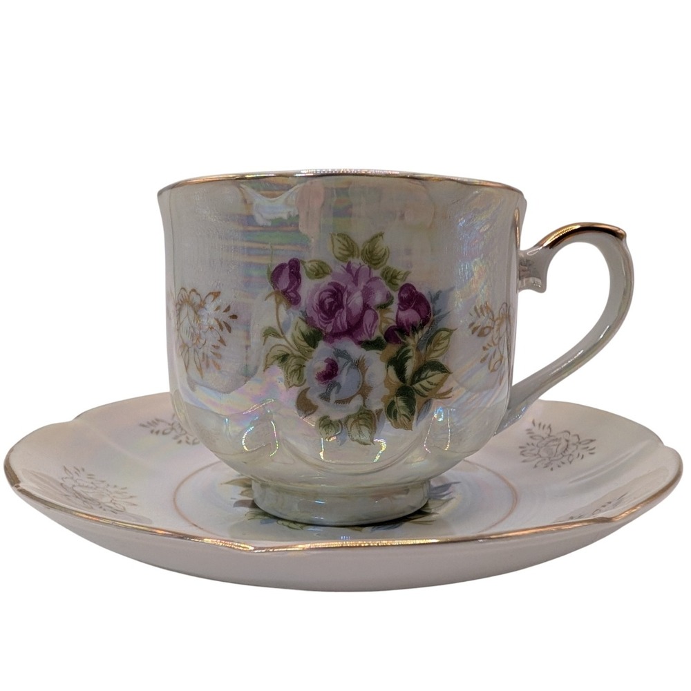 Vintage Seyei Fine‎ China Demitasse Cup and Saucer Iridescent Footed Floral SEE